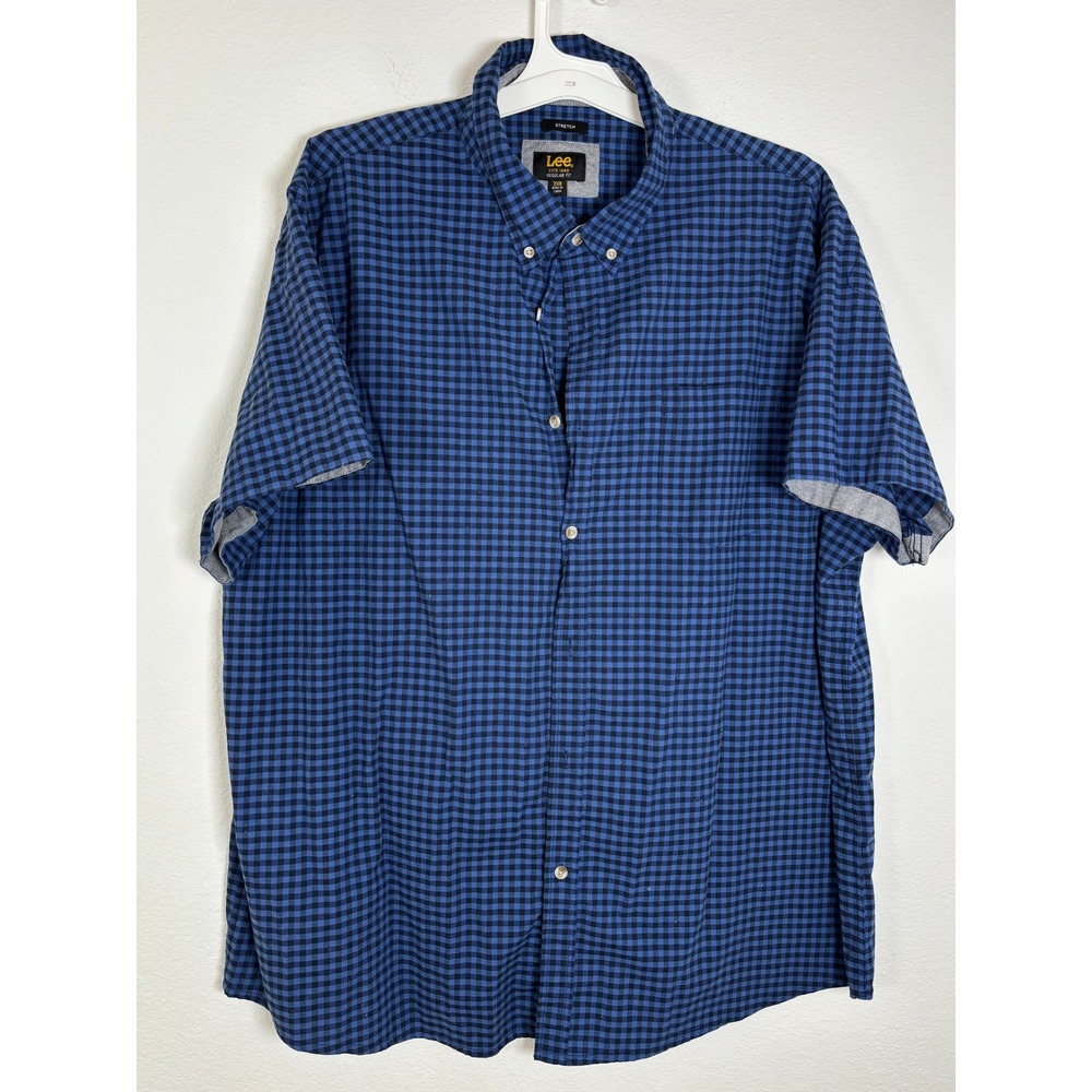 Lee Mens 2XB Blue Gingham Short Sleeve Button Down Shirt Stretch Regular Fit